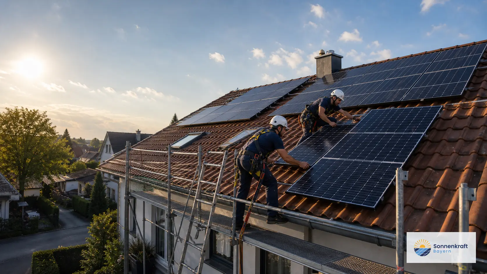 PV-Monteure installieren Solarmodule auf einem Wohnhausdach in Bayern.